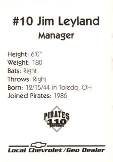 1996 Chevrolet Pittsburgh Pirates #NNO Jim Leyland Back