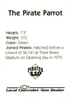 1996 Chevrolet Pittsburgh Pirates #NNO Pirate Parrot Back