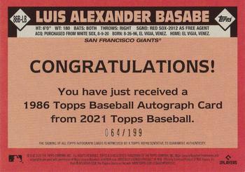2021 Topps Update - 1986 Topps Baseball 35th Anniversary Autographs Black #86B-LB Luis Alexander Basabe Back