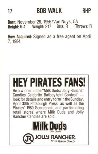 1989 Milk Duds Pittsburgh Pirates #NNO Bob Walk Back