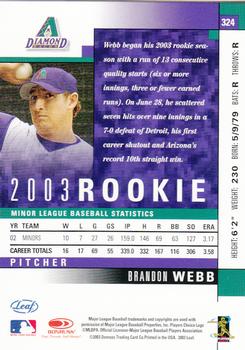 2003 Donruss/Leaf/Playoff (DLP) Rookies & Traded - 2003 Leaf Rookies & Traded #324 Brandon Webb Back