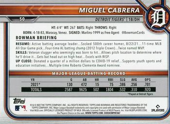 2022 Bowman #50 Miguel Cabrera Back