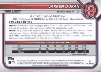 2022 Bowman #84 Jarren Duran Back