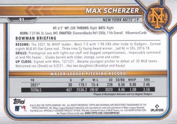 2022 Bowman #91 Max Scherzer Back