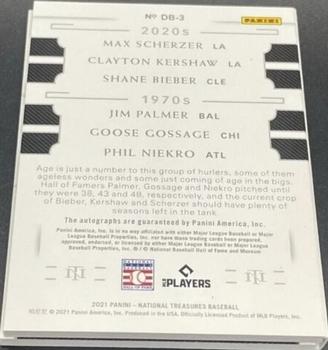 2021 Panini National Treasures - Decades Booklet Gold #DB-3 Max Scherzer / Phil Niekro / Shane Bieber / Jim Palmer / Clayton Kershaw / Goose Gossage Back