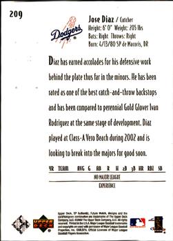 2002 Upper Deck Rookie Update - 2002 SP Authentic Update #209 Jose Diaz Back