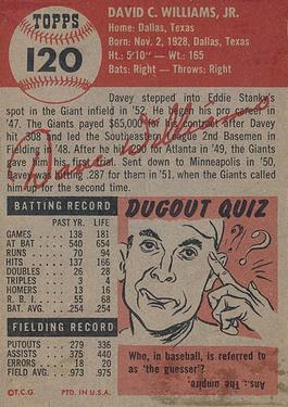 1953 Topps #120 Davey Williams Back