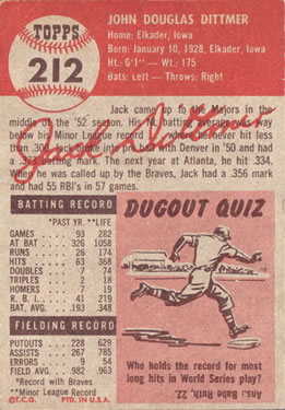 1953 Topps #212 Jack Dittmer Back