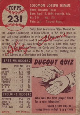 1953 Topps #231 Solly Hemus Back