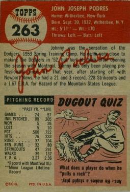 1953 Topps #263 John Podres Back