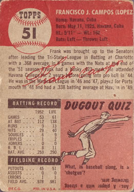 1953 Topps #51 Frank Campos Back