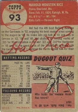 1953 Topps #93 Hal Rice Back