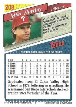 1993 Topps #208 Mike Hartley Back