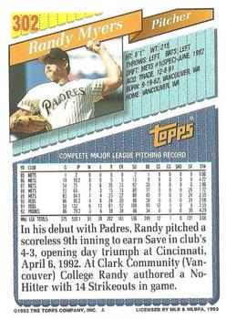 1993 Topps #302 Randy Myers Back