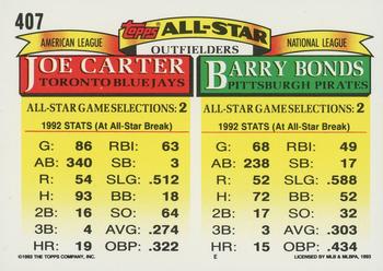 1993 Topps #407 Barry Bonds / Joe Carter Back