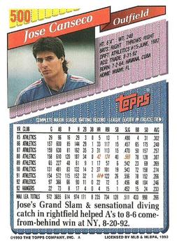 1993 Topps #500 Jose Canseco Back