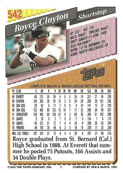 1993 Topps #542 Royce Clayton Back