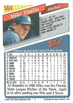 1993 Topps #564 Mike Timlin Back