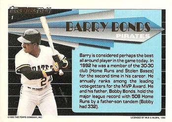 1993 Topps - Black Gold #1 Barry Bonds Back