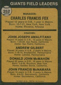 2022 Topps Heritage - 50th Anniversary Buybacks #252 Giants Field Leaders (Charlie Fox / Joe Amalfitano / Andy Gilbert / Don McMahon / John McNamara) Back
