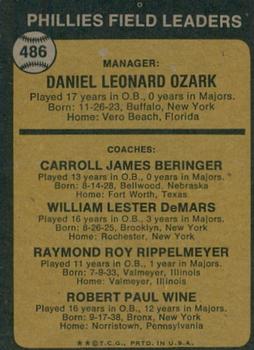 2022 Topps Heritage - 50th Anniversary Buybacks #486 Phillies Field Leaders (Danny Ozark / Carroll Beringer / Billy DeMars / Ray Rippelmeyer / Bobby Wine) Back