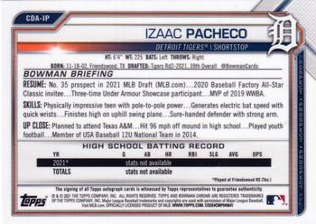 2021 Bowman Draft - Chrome Draft Pick Autographs Blue Refractor #CDA-IP Izaac Pacheco Back