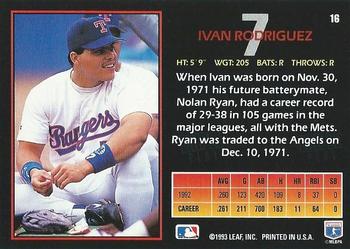 1993 Triple Play #16 Ivan Rodriguez Back