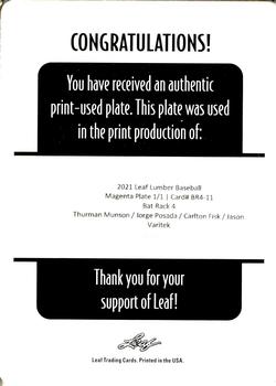 2021 Leaf Lumber - Bat Rack Quad Printing Plates Magenta #BR4-11 Thurman Munson / Jorge Posada / Carlton Fisk / Jason Varitek Back