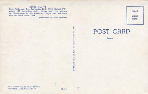 1953-55 Dormand Postcards #114 Bobby Shantz Back