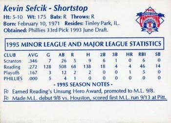 1995 Reading Phillies Eastern League Champions #NNO Kevin Sefcik Back