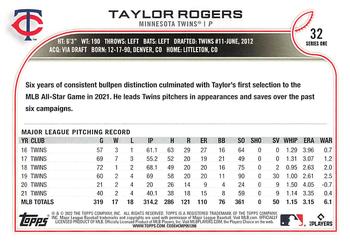 2022 Topps 1st Edition #32 Taylor Rogers Back