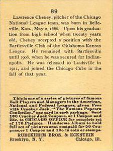 1915 Cracker Jack (E145) #89 Lawrence Cheney Back