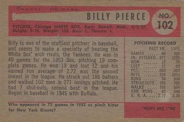 1954 Bowman #102 Billy Pierce Back