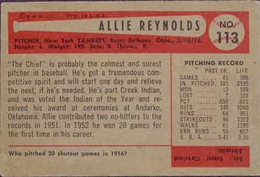 1954 Bowman #113 Allie Reynolds Back