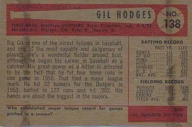 1954 Bowman #138 Gil Hodges Back