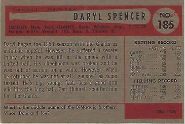 1954 Bowman #185 Daryl Spencer Back