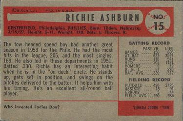 1954 Bowman #15 Richie Ashburn Back