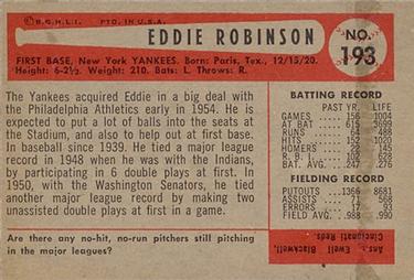 1954 Bowman #193 Eddie Robinson Back