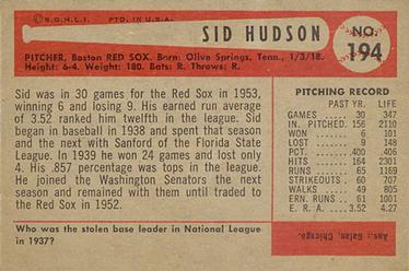 1954 Bowman #194 Sid Hudson Back
