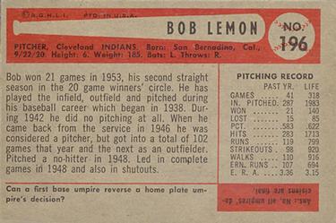 1954 Bowman #196 Bob Lemon Back