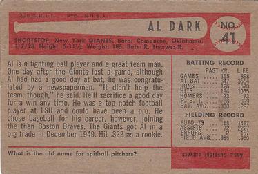 1954 Bowman #41 Alvin Dark Back