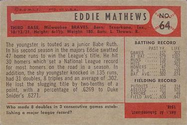 1954 Bowman #64 Eddie Mathews Back