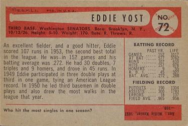 1954 Bowman #72 Eddie Yost Back