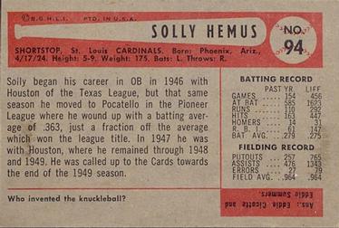 1954 Bowman #94 Solly Hemus Back