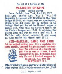 1988 Card Collectors 1949 Bowman Reprint #33 Warren Spahn Back