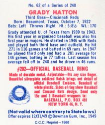 1988 Card Collectors 1949 Bowman Reprint #62 Grady Hatton Back