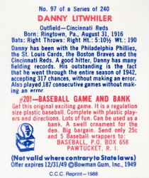 1988 Card Collectors 1949 Bowman Reprint #97 Danny Litwhiler Back