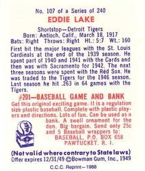 1988 Card Collectors 1949 Bowman Reprint #107 Eddie Lake Back