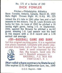 1988 Card Collectors 1949 Bowman Reprint #171 Dick Fowler Back
