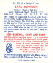 1988 Card Collectors 1949 Bowman Reprint #231 Earl Johnson Back